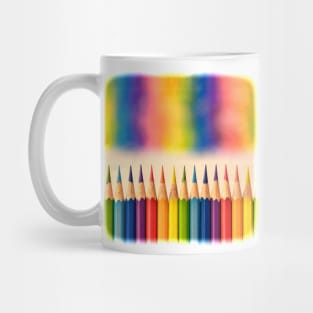 Retro style image of colorful coloring pencils with an out of focus vibrant rainbow  mural graphic above the row. Mug